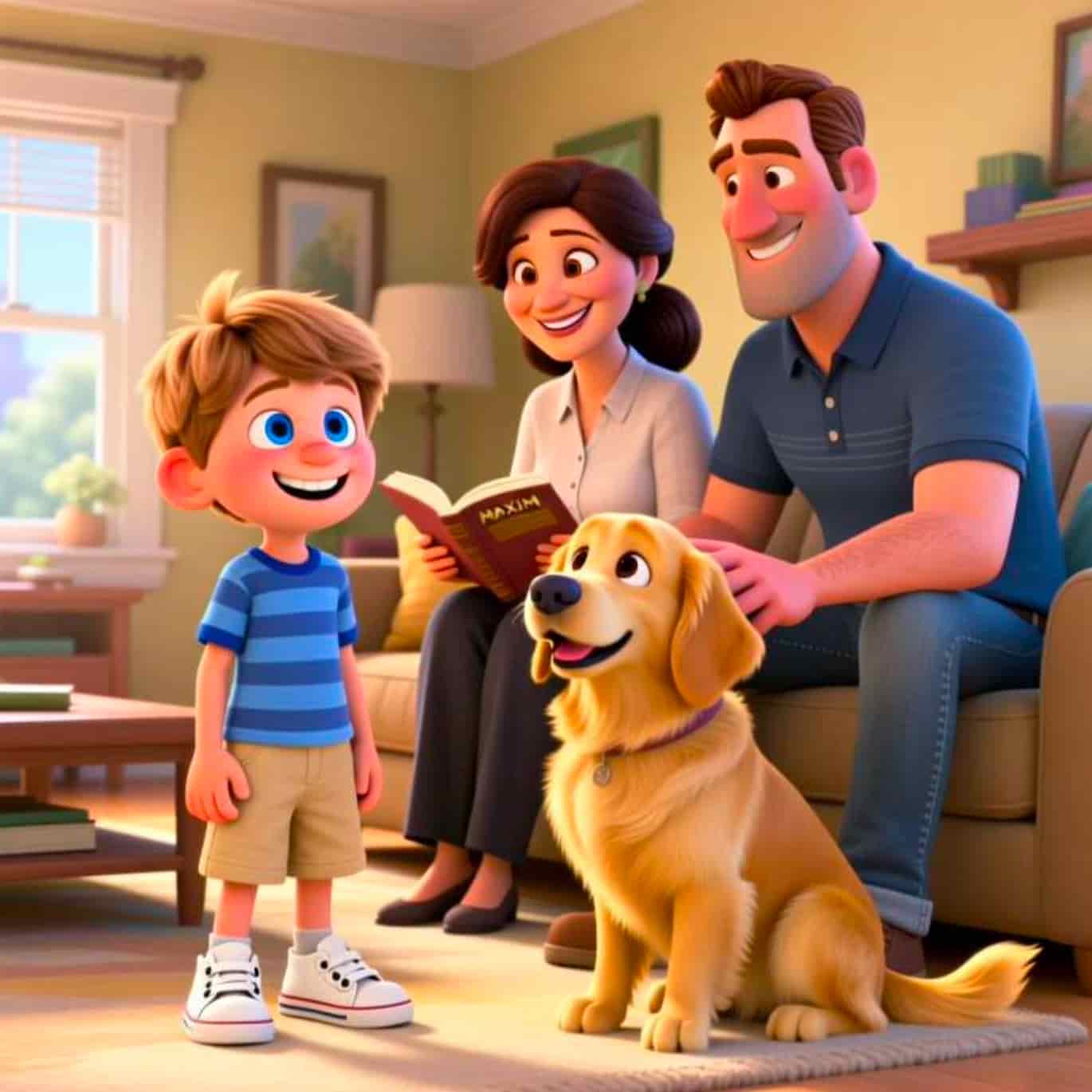 Animated family scene with a boy, woman, man, and dog in a living room.