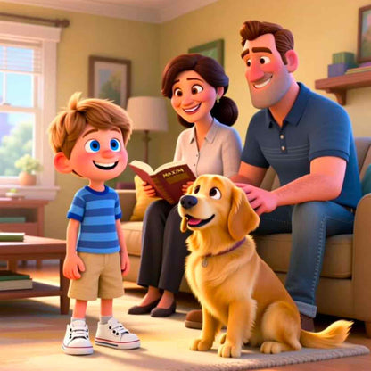 Animated family scene with a boy, woman, man, and dog in a living room.