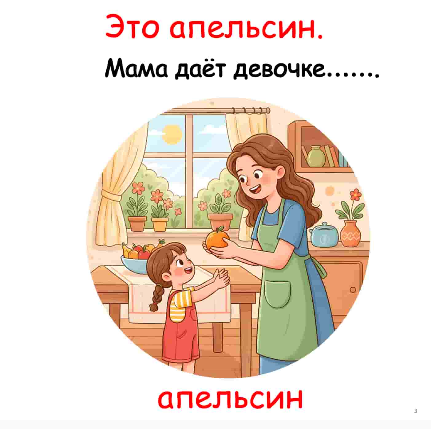 Illustration of a mother giving an orange to a child in a kitchen setting with text in Russian.
