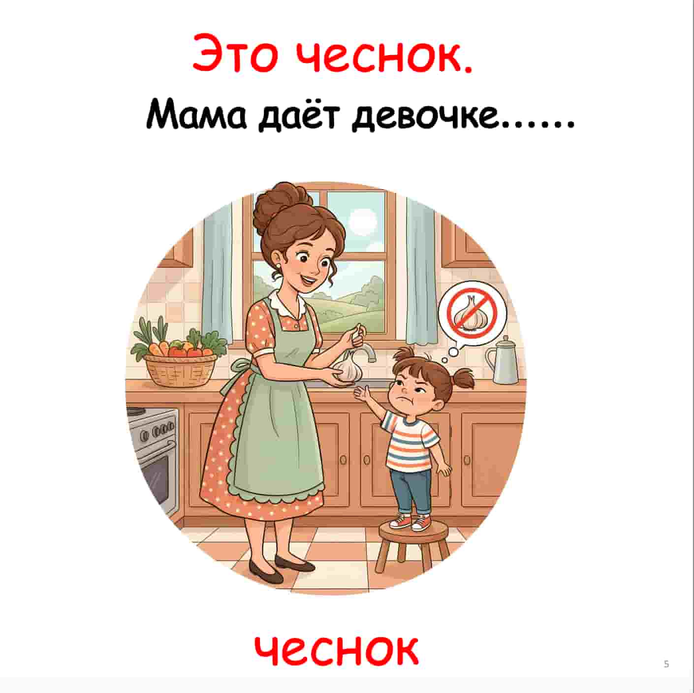 Cartoon illustration of a woman in an apron showing a child a piece of garlic in a kitchen.