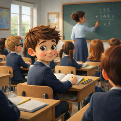 Animated classroom scene with students and a teacher at the blackboard