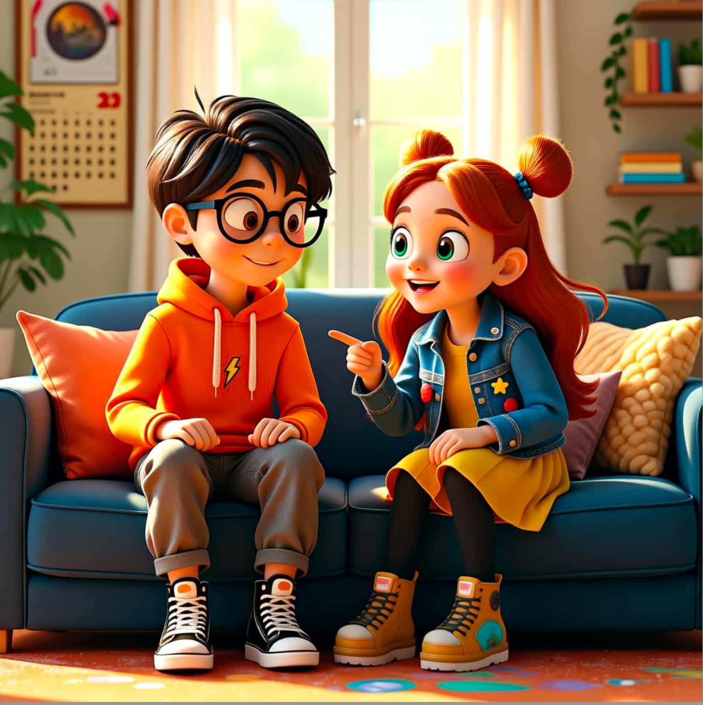 Two animated children sitting on a blue couch in a cozy living room.