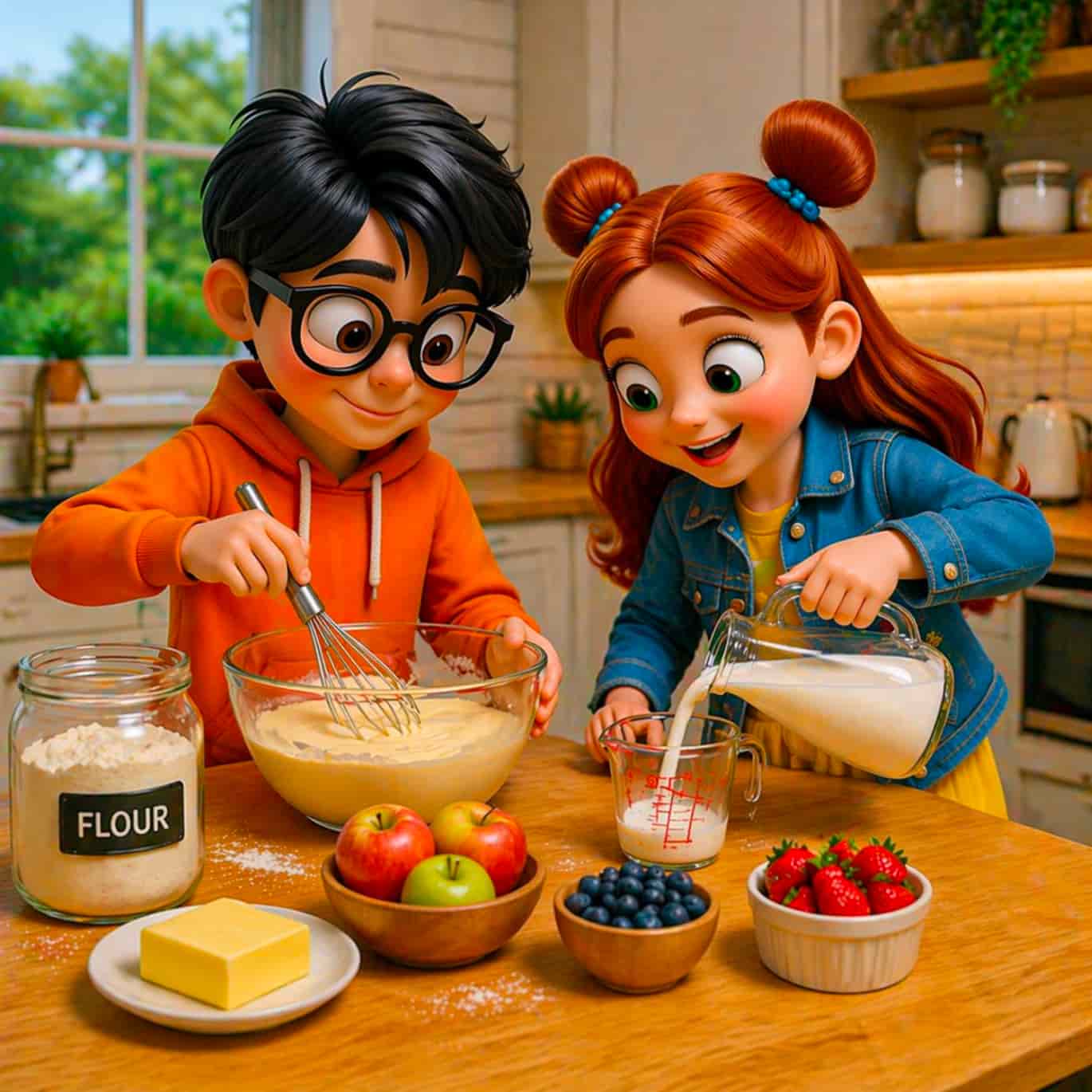 Two animated children in a kitchen preparing a meal with various ingredients on the table.