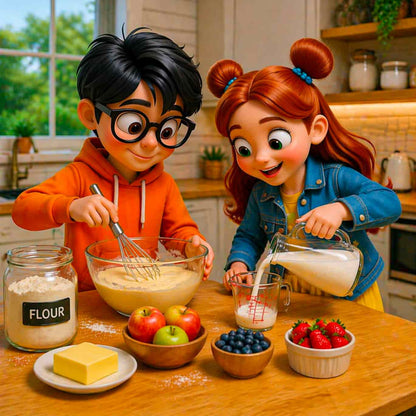 Two animated children in a kitchen preparing a meal with various ingredients on the table.