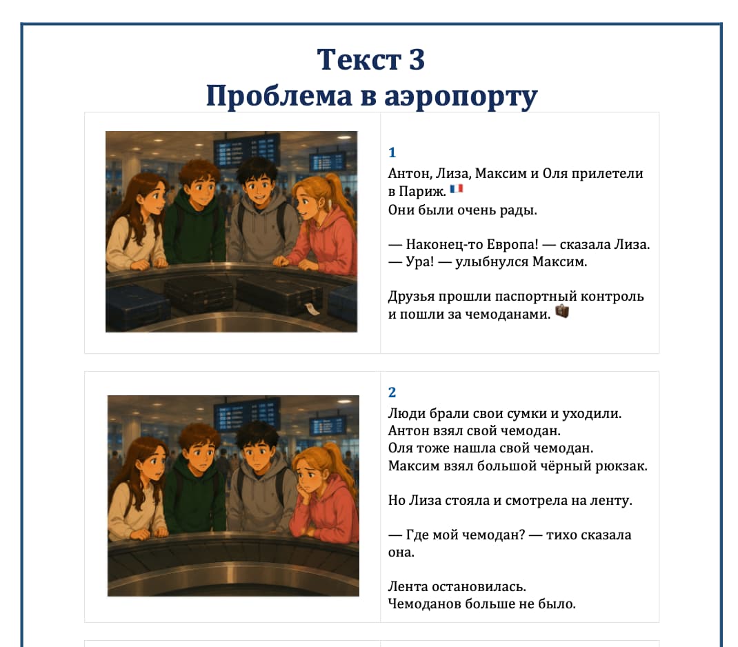 Animated scene of people at an airport with text in Russian.