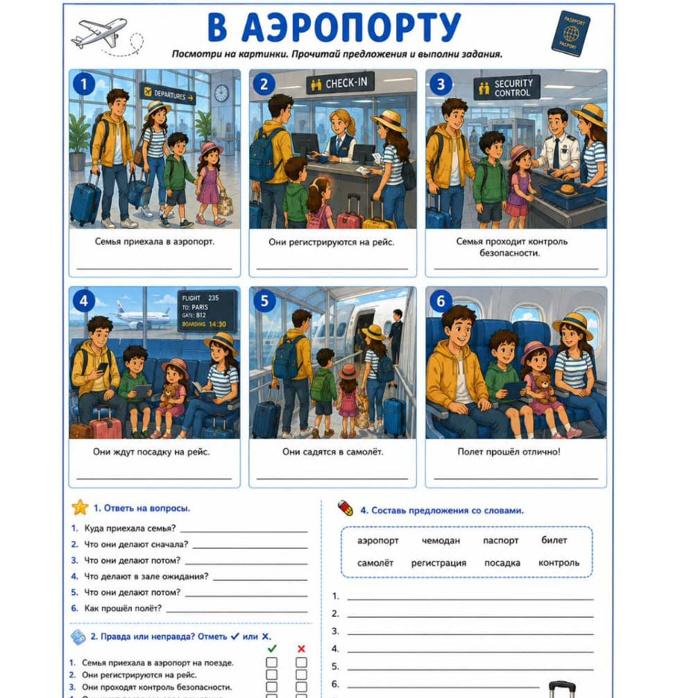 Educational poster about traveling at the airport with illustrations and text in Russian.