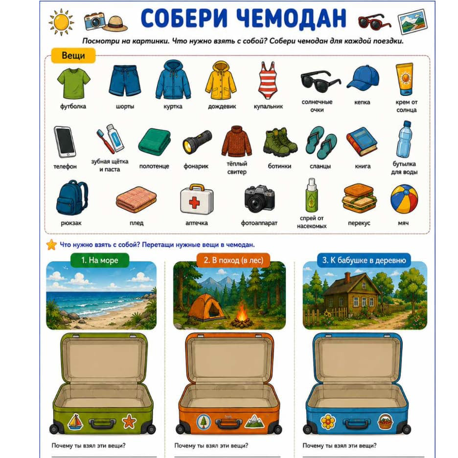 Educational poster with travel-themed illustrations and questions in Russian.