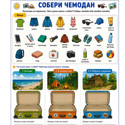 Educational poster with travel-themed illustrations and questions in Russian.