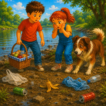 Two children and a dog by a river with trash scattered around