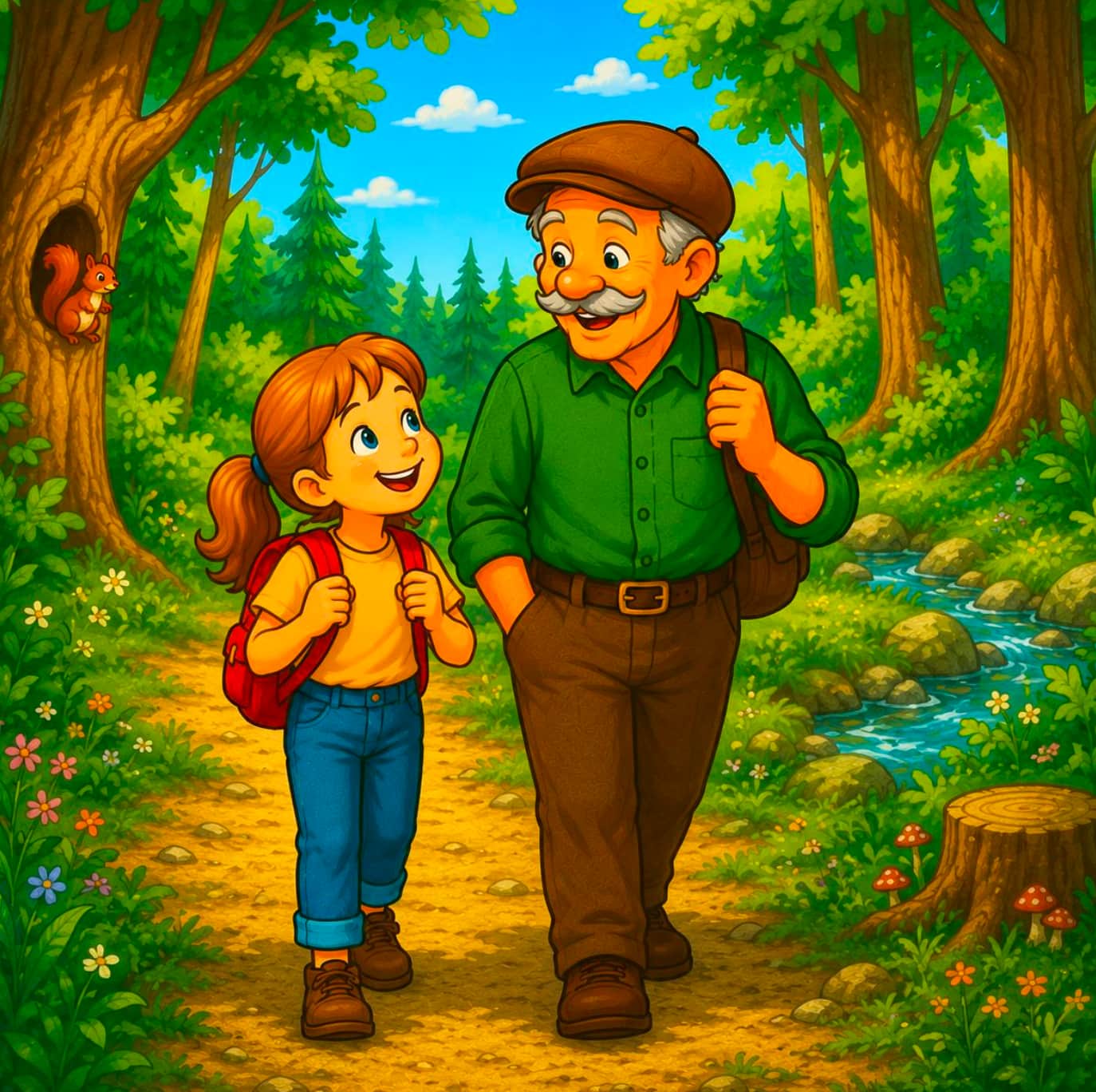 Illustration of a grandfather and granddaughter walking together in a forest.