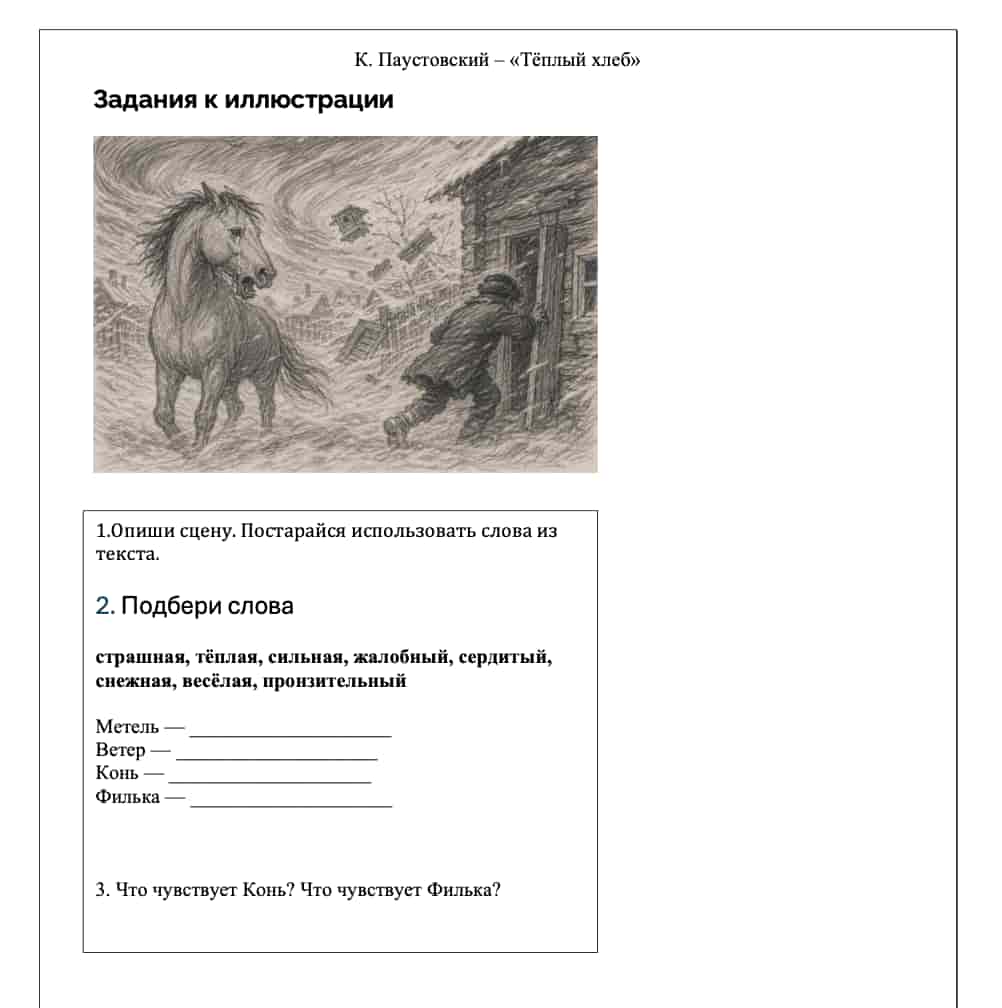 Illustration of a person with a horse in a stormy scene, with text and questions on a worksheet.