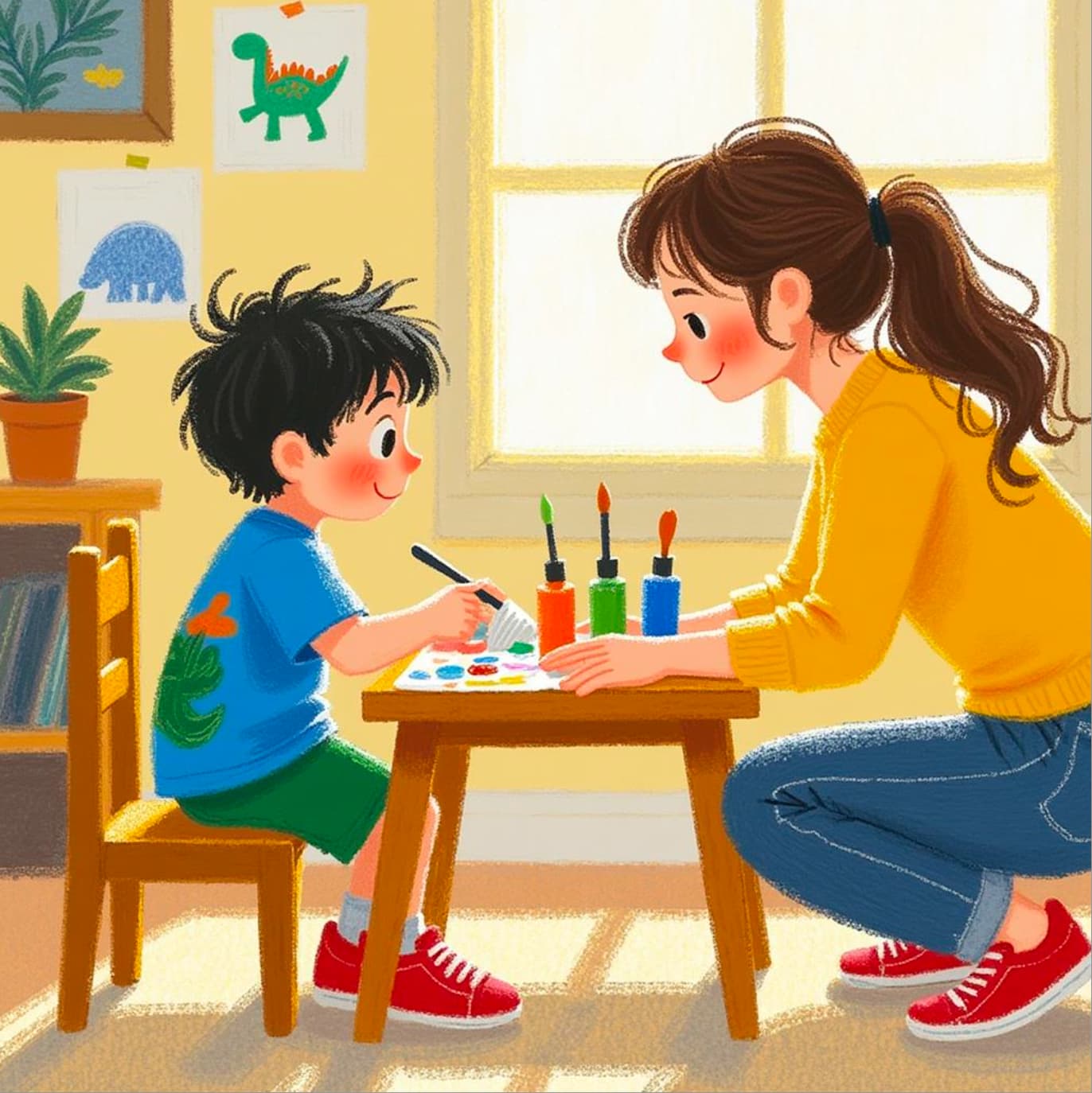Illustration of a woman and a child painting together at a table.