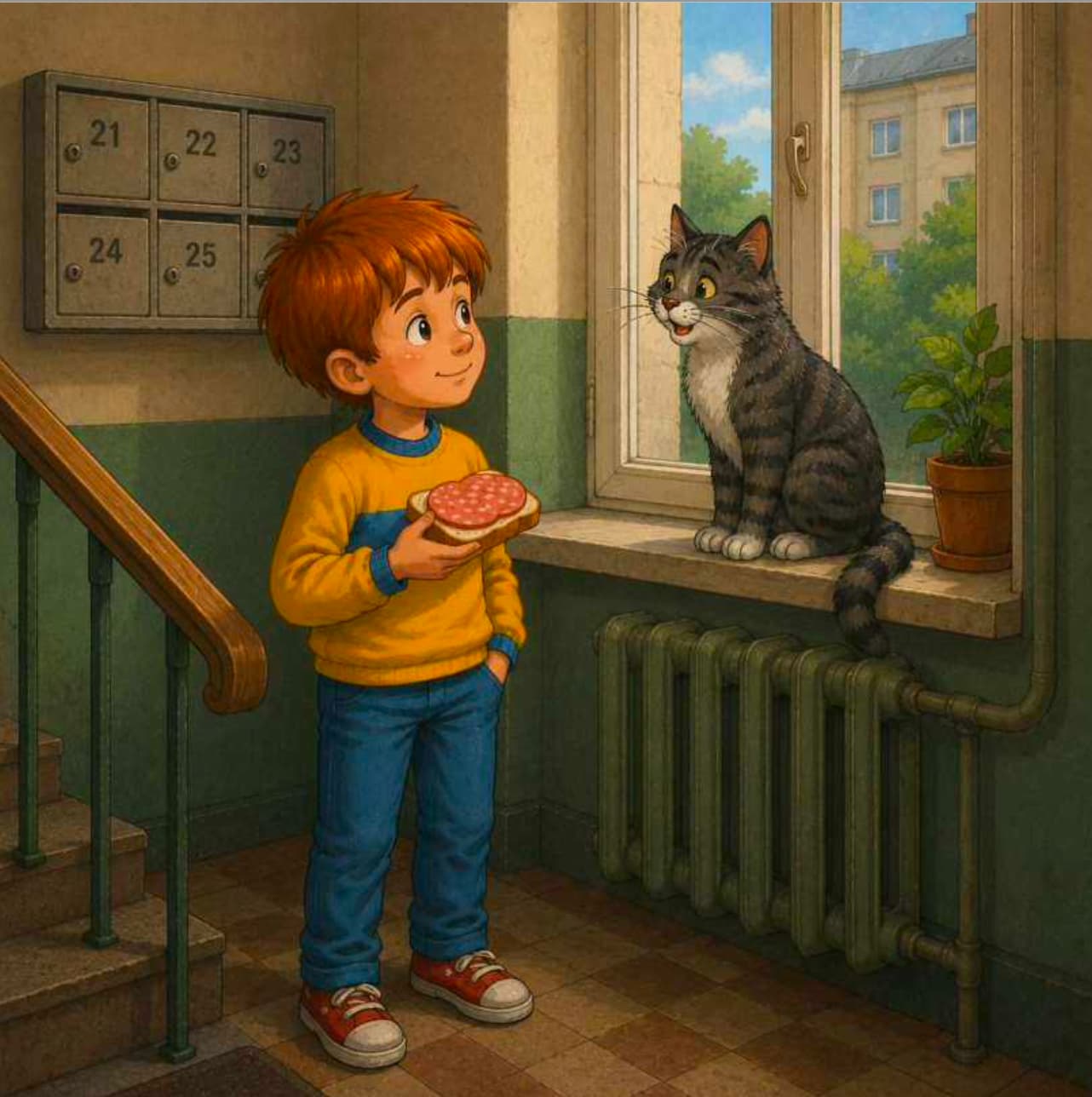 Illustration of a boy with a pie looking at a cat on a windowsill.