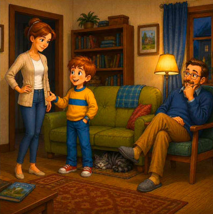 Family in a cozy living room with a green couch and bookshelf.