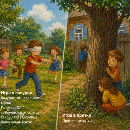 Illustration of children playing outdoors with text in Russian.