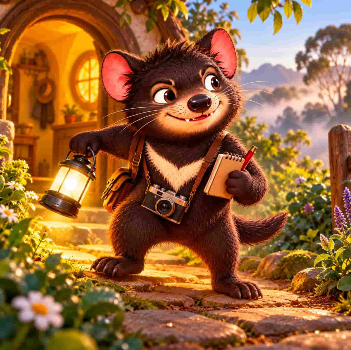 A stylized 3D-rendered fantasy scene showing a small dark-furred anthropomorphic animal character standing on a stone path outside a cottage, holding a lantern, a camera, and a small notebook with a red pen. The background includes warm glowing windows, foliage, and a misty outdoor landscape.