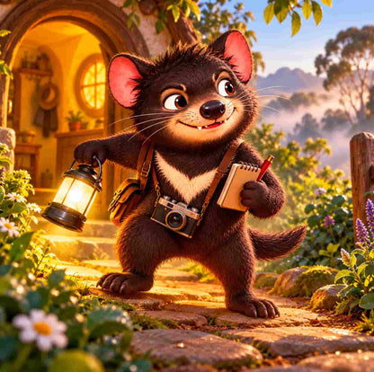 A stylized 3D-rendered fantasy scene showing a small dark-furred anthropomorphic animal character standing on a stone path outside a cottage, holding a lantern, a camera, and a small notebook with a red pen. The background includes warm glowing windows, foliage, and a misty outdoor landscape.