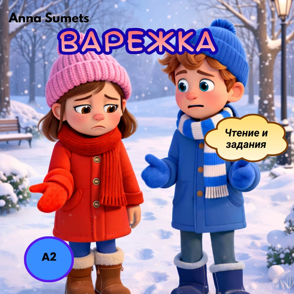 Two animated characters in winter clothing standing in a snowy landscape with text overlay.