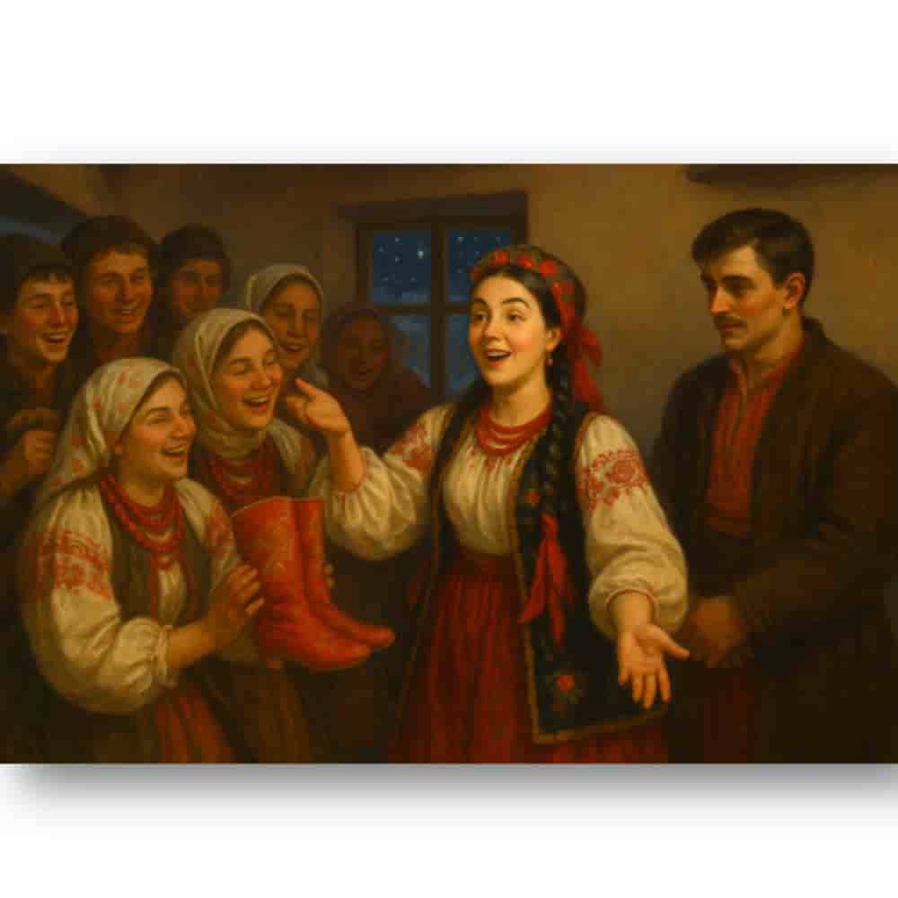 Painting of a group of people in traditional attire, smiling and interacting.