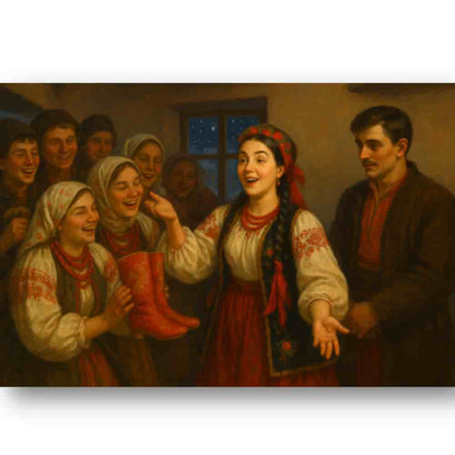 Painting of a group of people in traditional attire, smiling and interacting.