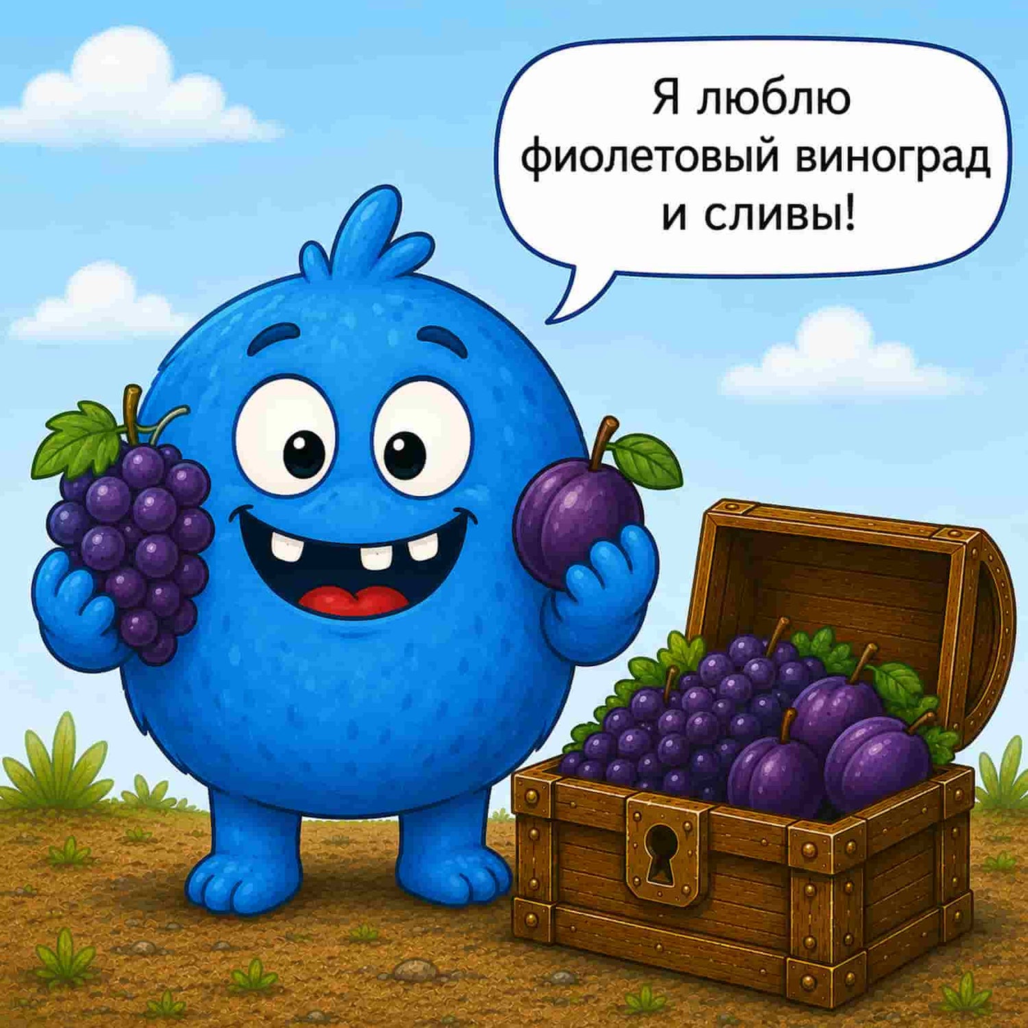 A cartoon blue monster stands on dirt ground holding a bunch of purple grapes in one hand and a purple plum in the other, with a speech bubble above it reading in Russian. Next to it is an open wooden treasure chest filled with more purple grapes and plums, under a blue sky with clouds.