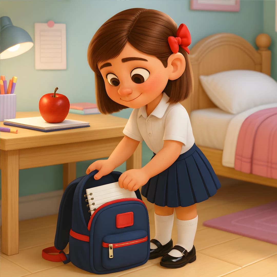 Illustration of a girl in a school uniform preparing her backpack in a bedroom.