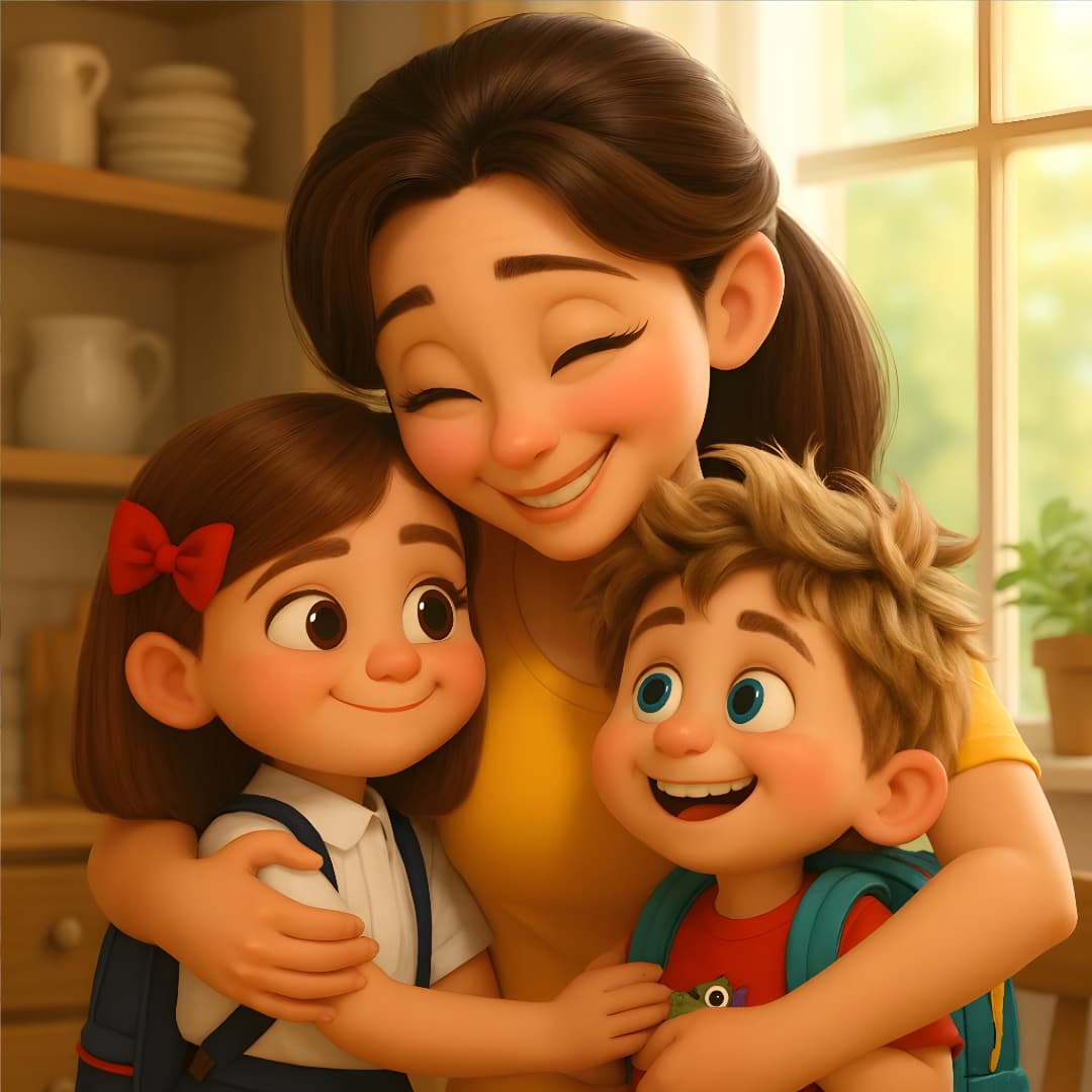Woman hugging two children in a warm, indoor setting