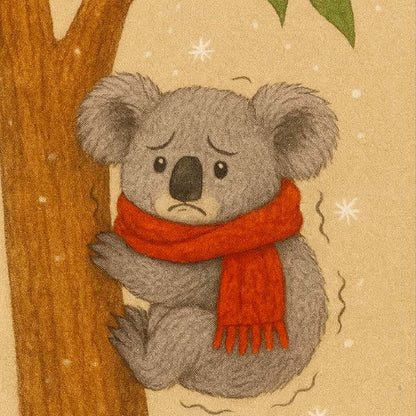 Illustration of a koala wearing a red scarf against a beige background with a tree.