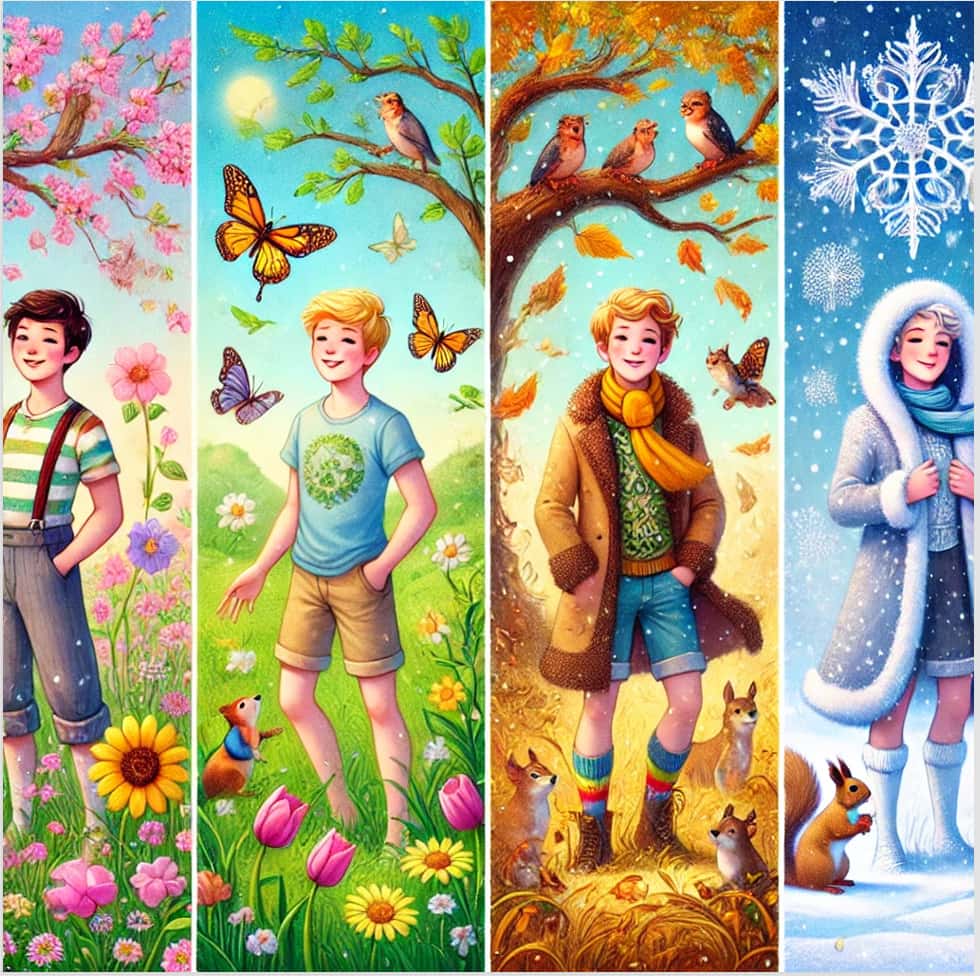 Four seasonal illustrations of a boy in different outfits with corresponding animals and nature elements.