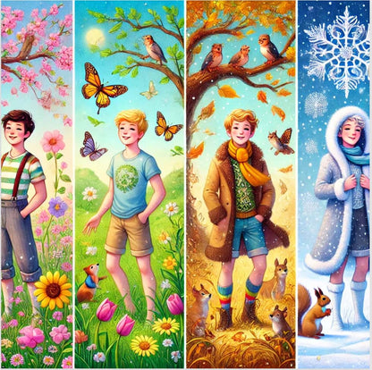 Four seasonal illustrations of a boy in different outfits with corresponding animals and nature elements.