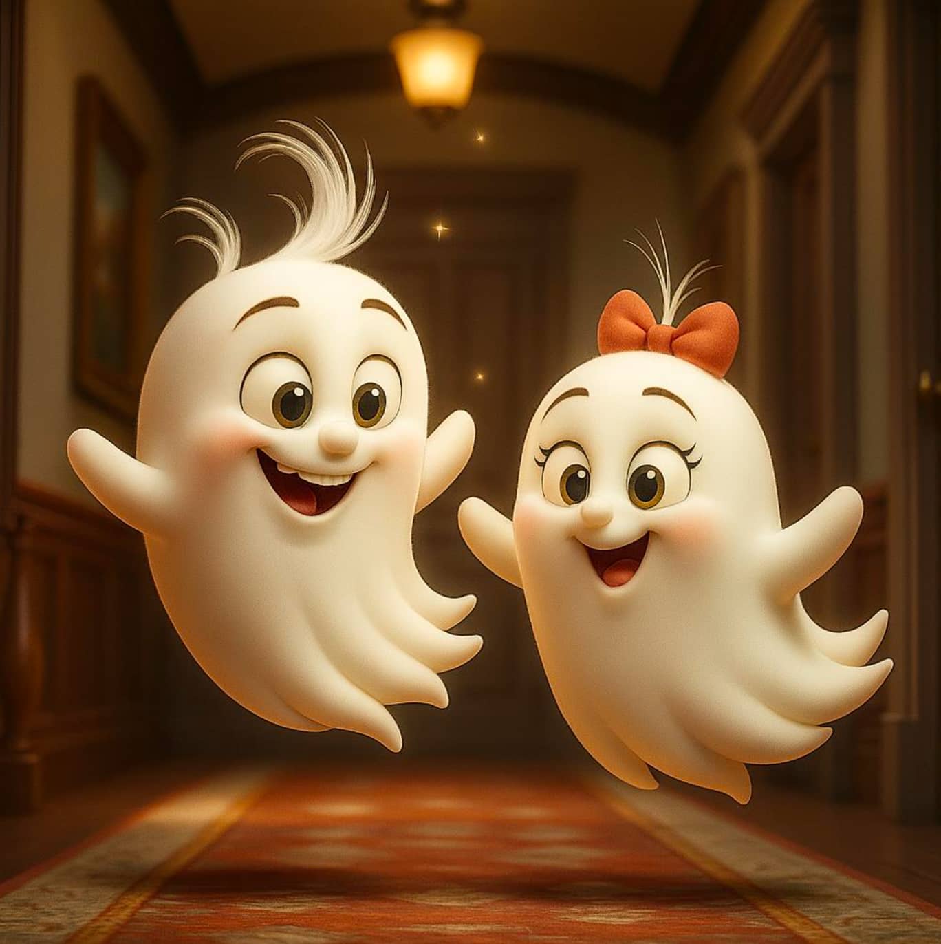 Two cartoon ghosts with happy expressions in a room with wooden floors and walls.