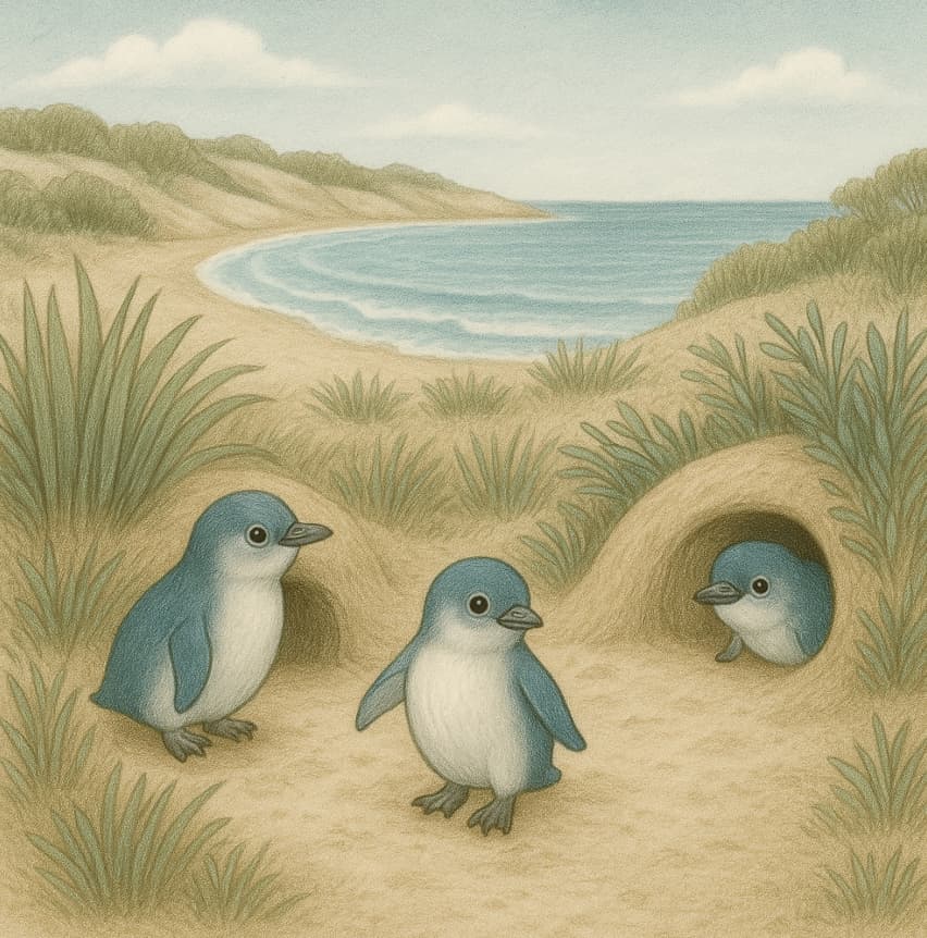 Illustration of three penguins near a coastal landscape with grass and water.
