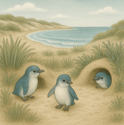 Illustration of three penguins near a coastal landscape with grass and water.