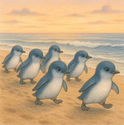 Illustration of penguins walking on a beach with a sunset sky.