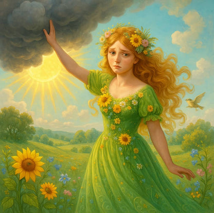 Woman in a green dress with flowers standing in a sunlit field