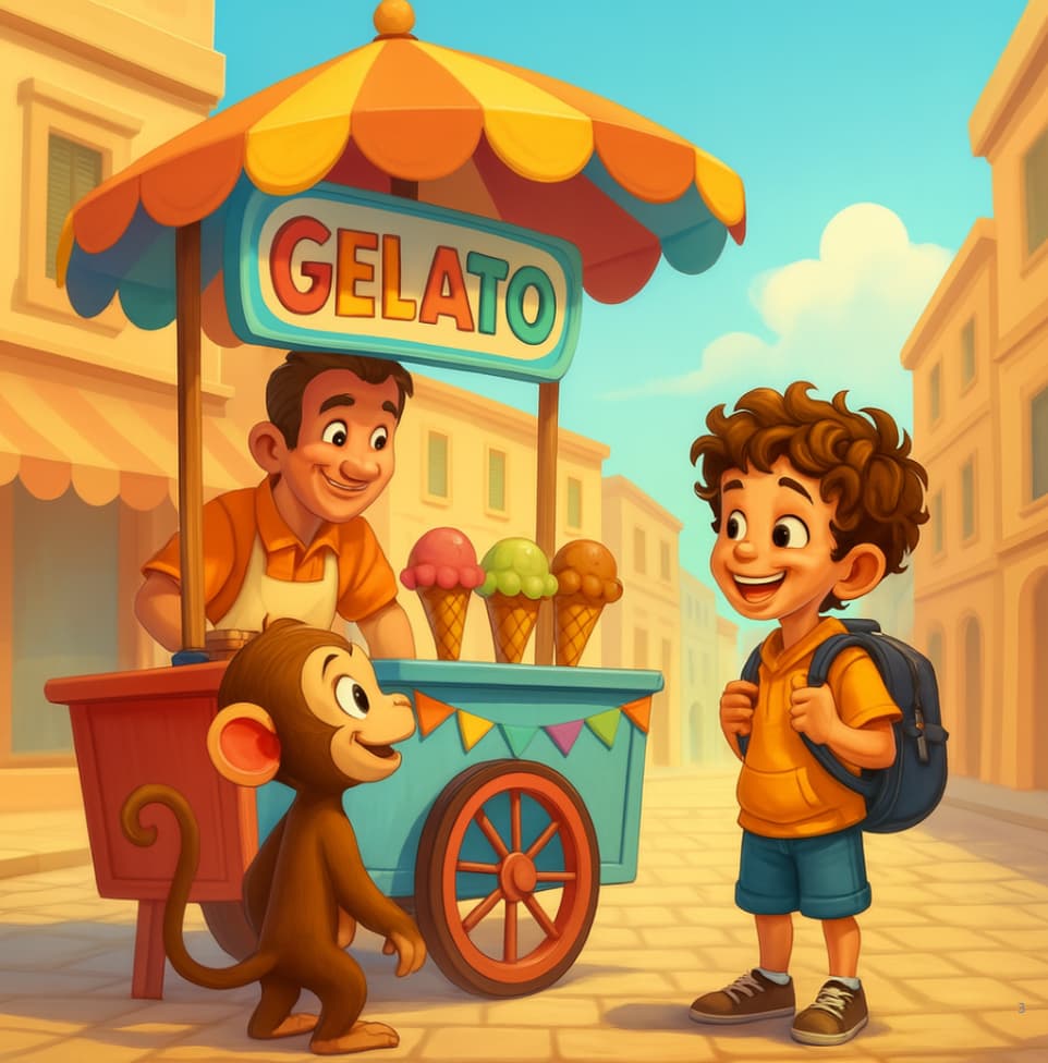 Cartoon scene with a gelato vendor, a monkey, and a child on a street.
