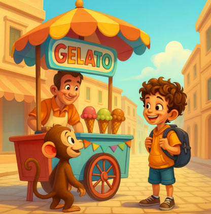 Cartoon scene with a gelato vendor, a monkey, and a child on a street.