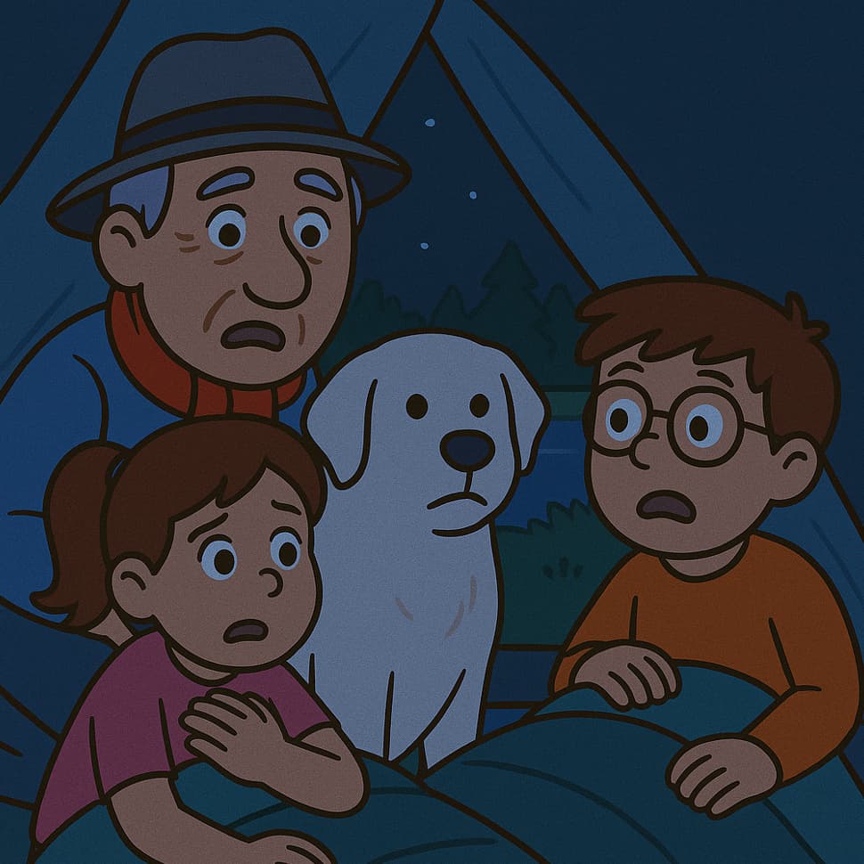 Cartoon family with dog in bed under a blanket, looking scared.