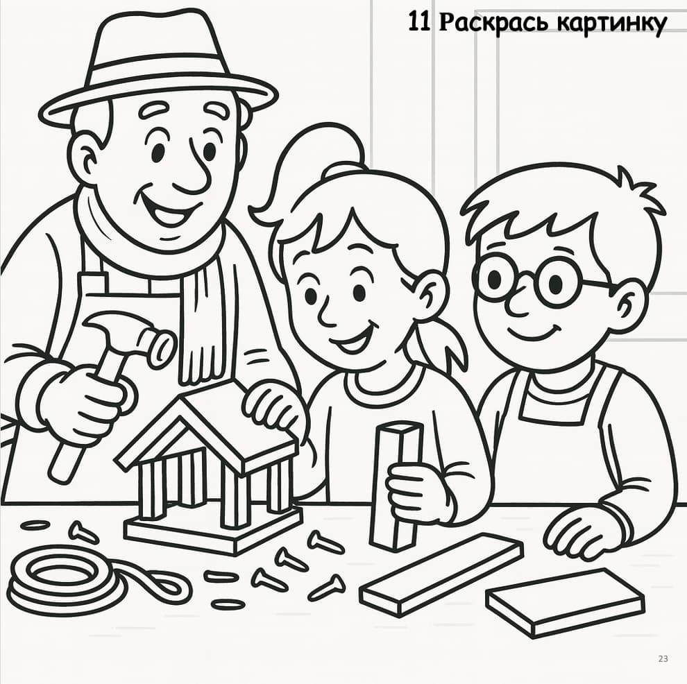 Coloring book page with a grandfather and two children building a wooden birdhouse.