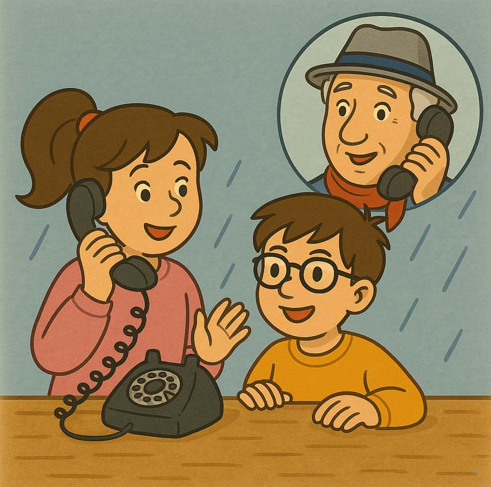 Cartoon illustration of two children talking on a rotary phone with an older man on the other end.