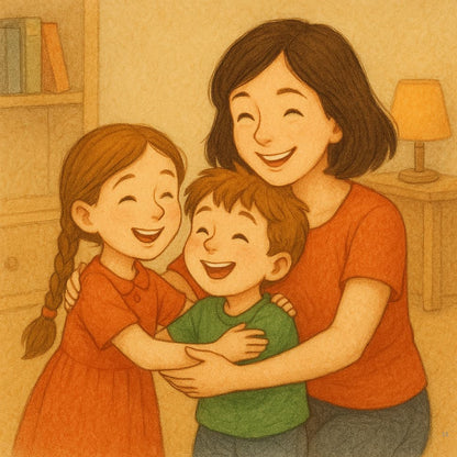 Illustration of a woman hugging two children in a warm, indoor setting.