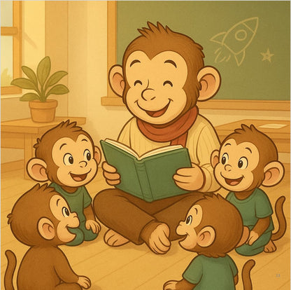 Illustration of a monkey reading to four other monkeys in a classroom setting.