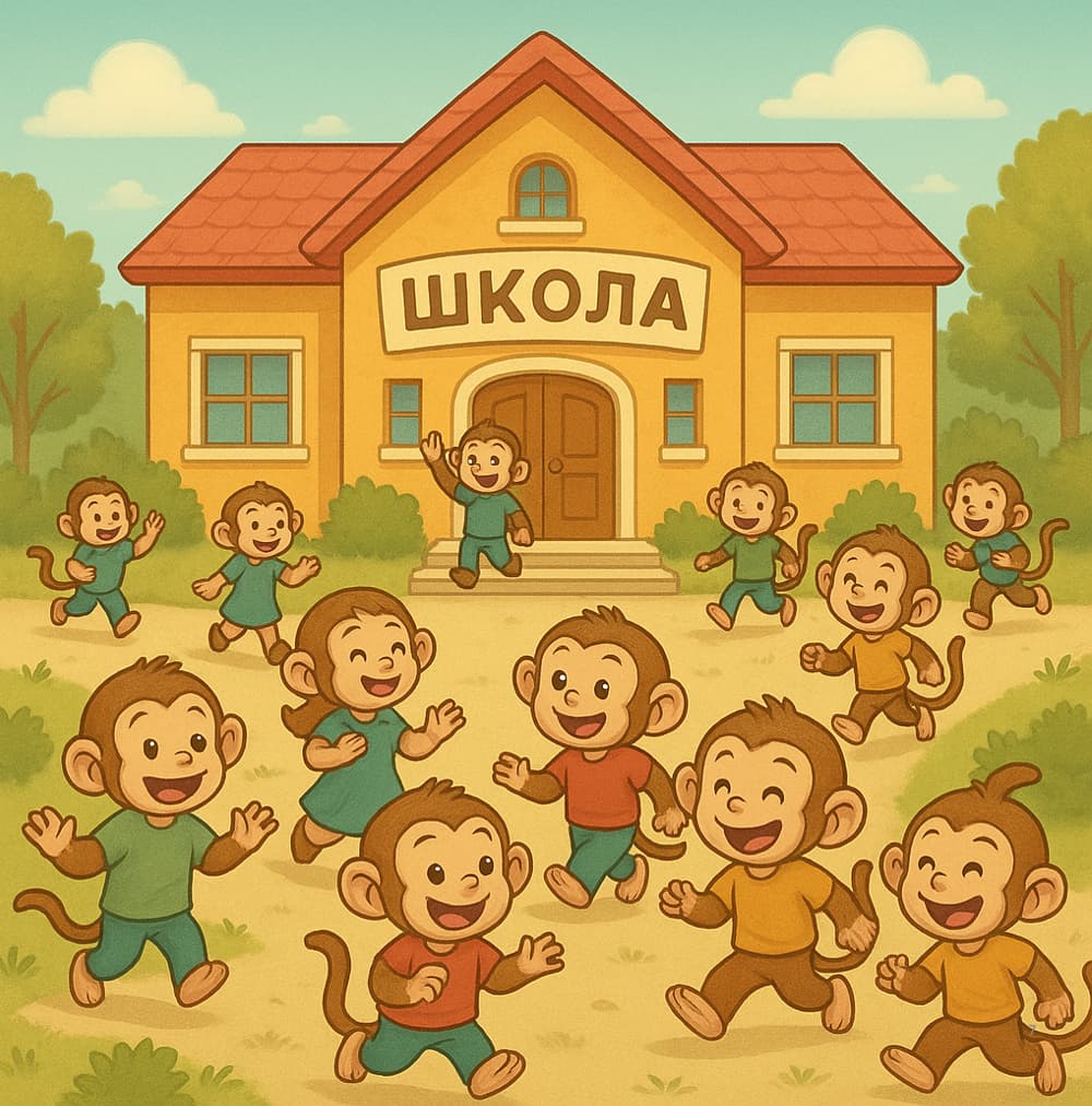 Cartoon monkeys in front of a school building with &
