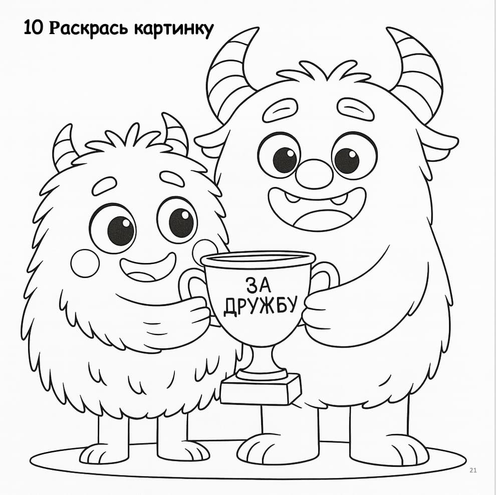 Coloring page with two fluffy characters holding a trophy and text in Russian.