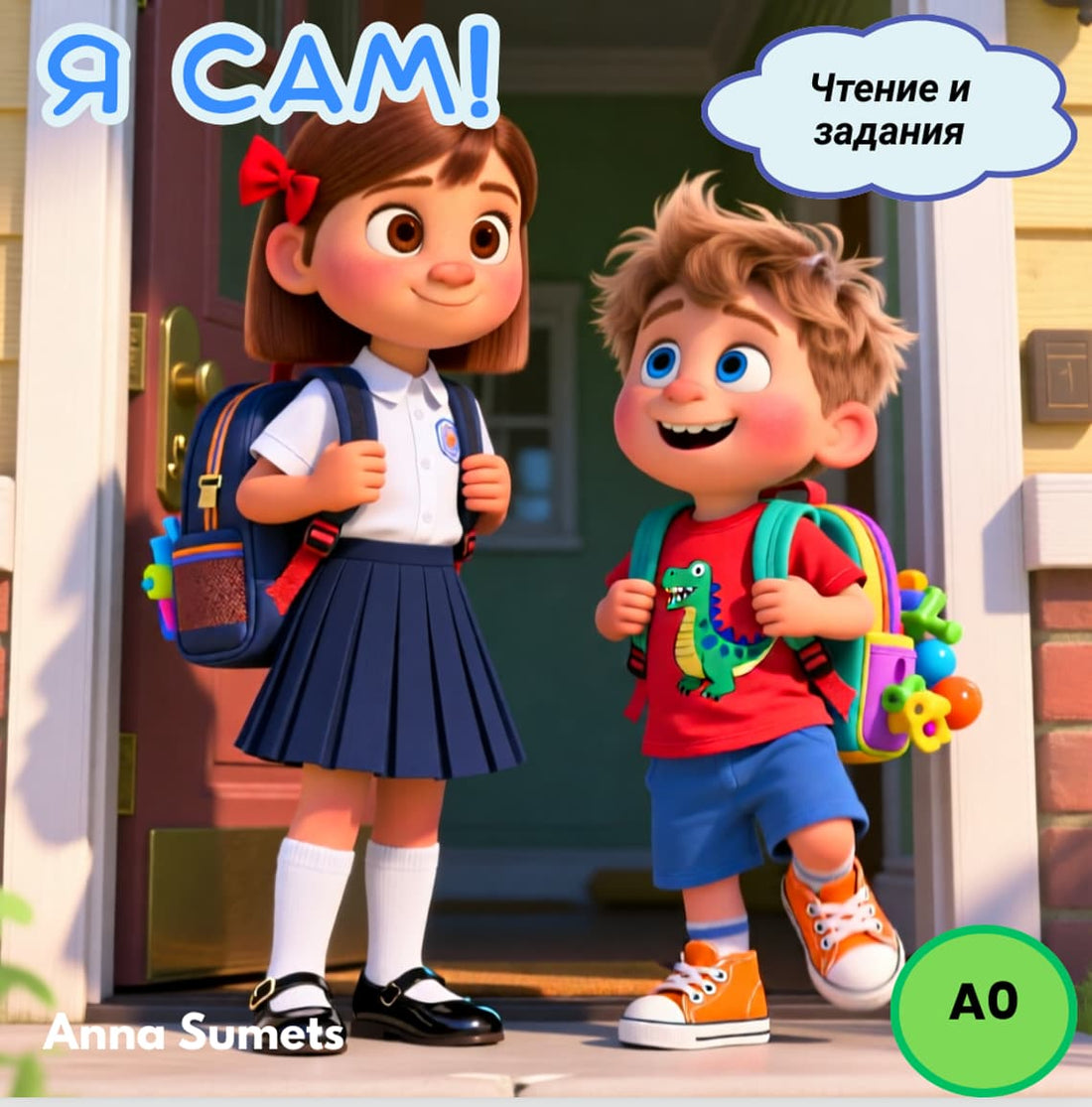 Two animated children with backpacks standing outside a door, with text in Russian.