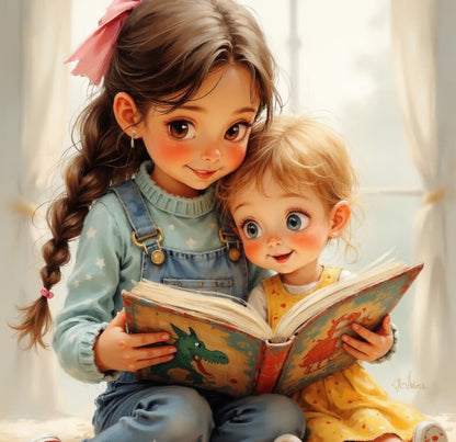 Two children reading a book together with a soft, warm background.