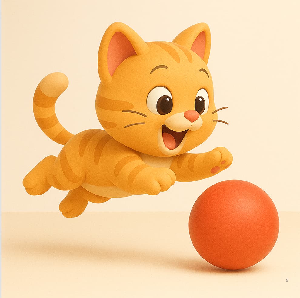 Cartoon cat playing with a ball on a beige background