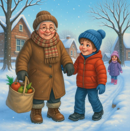 Illustration of a woman and a boy walking in the snow with a basket of groceries.