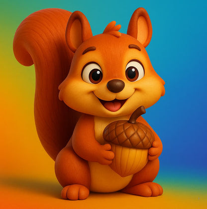 Cartoon squirrel holding an acorn against a gradient background