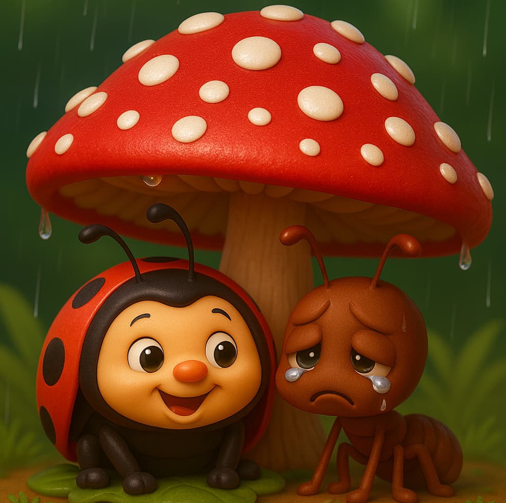 Cartoon ladybug and ant under a red mushroom in the rain